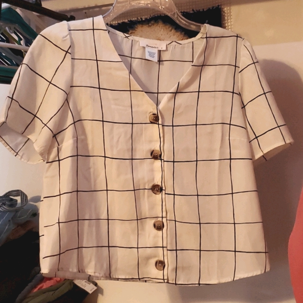 Grid button down blouse